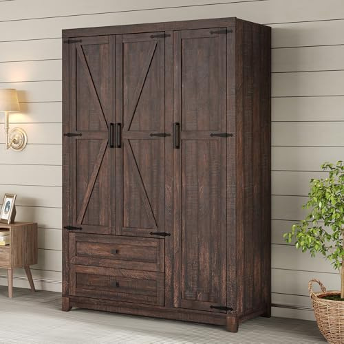 AMERLIFE Farmhouse 3 Door Wardrobe Closet with 2 Drawers & Hanging Rod, 47 Large Armoire Storage Cabinet with Adjustable Shelves, Freestanding Clothing Organizer for Bedroom, Barnwood Brown