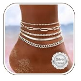 Morfetto 5 Stück Fußkettchen für Damen Wasserfest Gold/Silber - 14K Vergoldet Edelstahl Verstellbarer Fußkette Tennis Figaro Ketten Fussketten für Frauen Strand Sommer Schmuck
