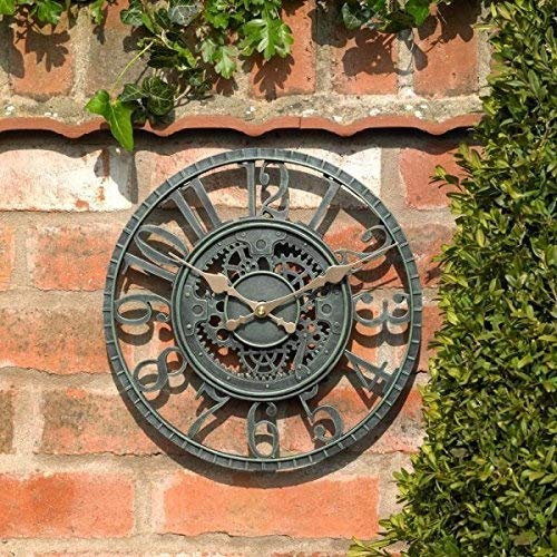 Garden Mile® Vintage Open Face Green Effect Wall Clock - Power Operated Waterproof and Weatherproof Large Garden Clock - Indoor or Outdoor Decorative Ornament Clock for Living Room, Home Decor (30cm)