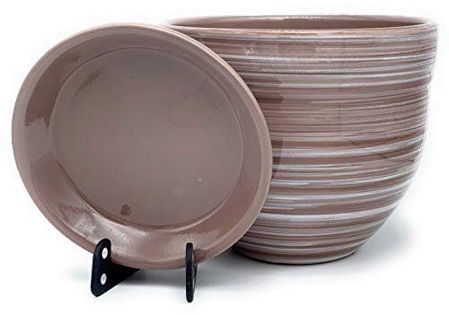 Sun Cakes Pot de Fleurs en céramique émaillée avec Soucoupe Ronde en Terre Cuite avec bac d'égouttement Couleur Argile 26 x 22 cm Marron