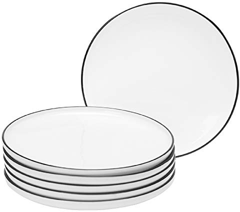 BonNoces Lot de 6 assiettes en porcelaine blanche élégante avec bords noirs pour steak, pâtes et salade 10-Inch blanc