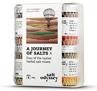 Salt Odyssey Set di Sali con Erbe e Spezie – 4 x 80 g | Paprika affumicata | Carvi, pimento e pepe Sichuan | Curcuma, curry e senape | Origano, rosmarino e dragoncello
