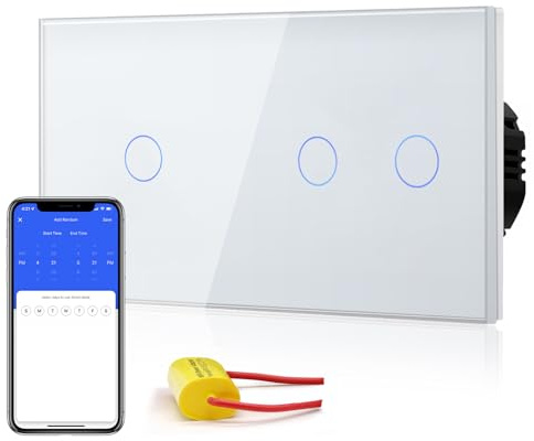 BSEED Interruptor de Luz Táctil WiFi Inteligente,Panel de Cristal,Compatible con Alexa, Smart Life y Tuya (No Necesita Cable Neutro),1 Gang 1 Vía + 2 Gang 1 Vía,157mm Blanco