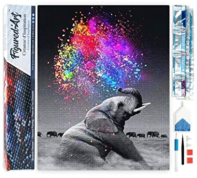 Figured'Art Diamond Painting Erwachsene 40x50cm Ganze Leinwand gerollt Elefant und Farben 5D Bilder Eckige Steine - DIY Set Basteln