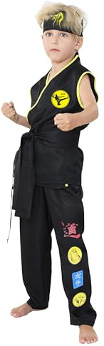 Treyrea Costume Karate Dress Up Uniform With Headband Belt Halloween Party Cosplay Outfit for Kids (M(5T-7T), black 2)