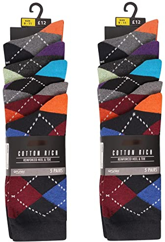 K Collection Mens Ex Store Socks - 10 Pack - Cotton Rich Purista - Argyle Design Socks - Assorted Colours - UK Shoe Size 9-11