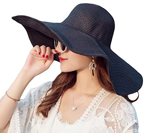 VASANA Damen Sonnenhut mit großer Krempe, für Garten, Strand, Strandmode, breite Schlapphut, Schwarz, Schwarz , 23