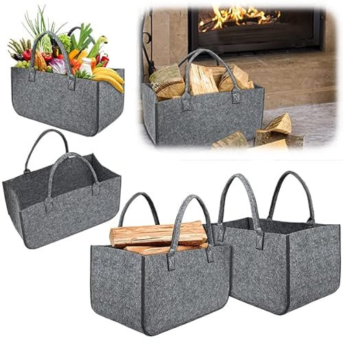 YUENFONG Filztaschen shopper 4 Stück Kaminholztasche Filz für kaminholz, Kaminholzkorb Filztasche Faltbar Tragbarer Filzkorb, mit Henkeln, für Kaminholz Zeitungen, bis 30kg Tragfähigkeit (Grau)