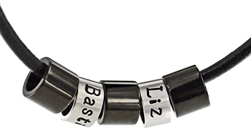 Timbalino Personalisierte Handmade Kette für Herren mit Edelstahl Beads mit Gravur, schwarze Lederkette