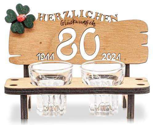 DARO Design SCHNAPSBANK – Schnapsbank mit gravur aus Buche, inkl. 2 Arcoroc Schnapsgläsern, Kleeblatt & Jahreszahlen – Geschenk zum Jubiläum, Geburtstag oder Hochzeit – 80 Jahre