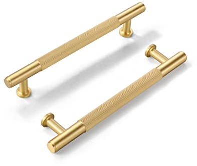 SALISENG-5 Pack Brushed Gold Cabinet Handles, Solid Brass Kitchen Drawer Pulls, 5 Inches Furniture Door Handles for Cupboard Bedroom Wardrobe(Arina)