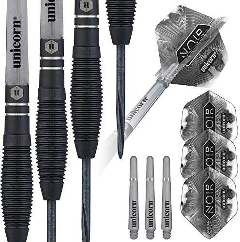 ‎Unicorn Dartpfeile mit Stahlspitze | Noir Style 1 | 90% Tungsten Barrels mit schwarzer Titanbeschichtung & schwarzen Volute Points | 23 g