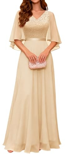 DRESSTELLS Abendkleid Damen Hochzeit Festlich Ballkleid mit V-Rücken Brautkleid Chiffon Cape Ärmel Spitzenkleid Elegant Lang Partykleid Champagne 2XL