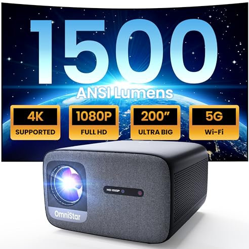 OmniStar L80 Proiettore Full HD, 1500 ANSI Lumens Videoproiettore 1080P Nativo, Proiettore WiFi Bluetooth Supporta 4K, Auto Focus/Keystone, Altoparlanti 2X15W, per Smartphone/TV Stick