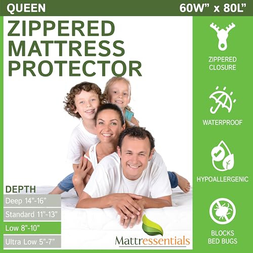Zippered Queen Mattress Protector (8-10 Depth) - Bed Bug Waterproof Mattress Cover, Premium Quality Hypoallergenic Encasement White