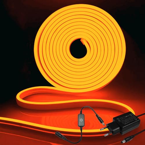 iNextStation Striscia LED Arancione 5M, 12V Nastri LED Neon 600LEDs Flessibile Impermeabile IP65, Silicone Luce Striscia LED Neon per Camera da Letto, Cucina, Bar, Festa (Con Adattatore)