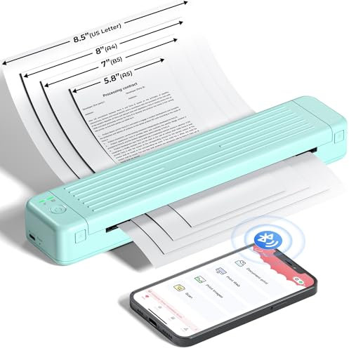 ASprink Mobiler Drucker A4 für Unterwegs, Thermodrucker A4 P831 für US Letter/A4/B5/A5, 300DPI Drucker Klein Kompakt für Normalpapier/Thermopapier mit 1 P831 Use Ribbon - Grün