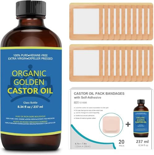 Castor Oil Pack 20 PCS - 237 ml Castor Oil Pack Wrap for Muscle Joint Pain Relief, Liver Detox - UK Patent Protected, Highly Absorbent Self-Adhesive Organic Cotton No Wash Anti-Seepage (Oil Included）