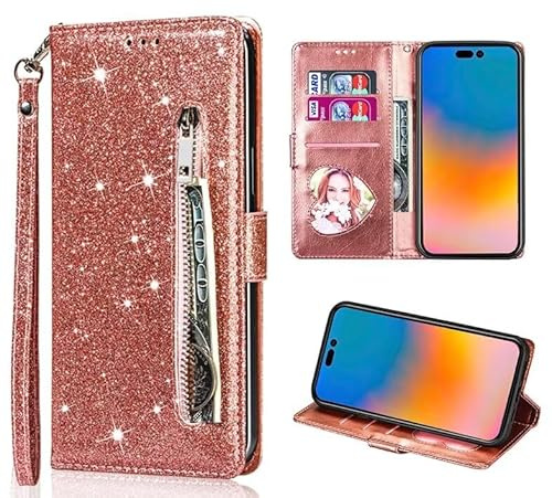 FERLAN Handyhülle für Google Pixel 6a Hülle,Flip Case Lederhülle Reißverschluss Magnetverschluss Brieftasche mit 3 Kartenfächern Standfuntion Retro Matt Ledertasche,Glitzer Roségold