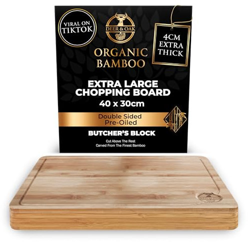 Deer & Oak Vorgeölter Hackklotz Schneidebrett Holz Groß 40 x 30 x 3,8 cm Extradickes Holzbrett zum Fleischschneiden, Gemüse, und Brot, Bambus Schneidebrett, Robustes Holzbrett Küche