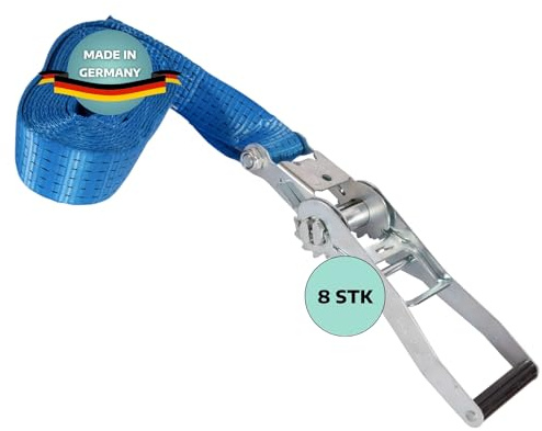 AWOTEX 8 x Zurrgurt 1-teilig mit Ratsche 5 m I 2,5t Zugkraft I Gurte zum Befestigen I Blauer Spanngurt mit Sicherheitsetikett I Bandbreite 50 mm I Zurrgurte mit Ratsche