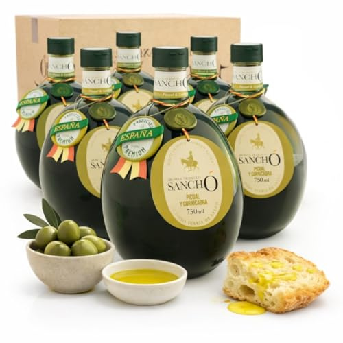Aceite de oliva virgen extra picual pack 6 x 750 ml botella de plástico | aove gourmet aromático extraído en frío | aceite premium español para cocina | sancho la mancha, dop campo de montiel.