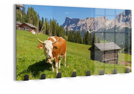 DEQORI Wandgarderobe Glas & Metall | Motiv Alpine Ruhepause | 60x30 cm | Design Haken-Leiste modern | Garderoben-Paneel für Flur, Wohnzimmer & Schlafzimmer | magnetisch & beschreibbar