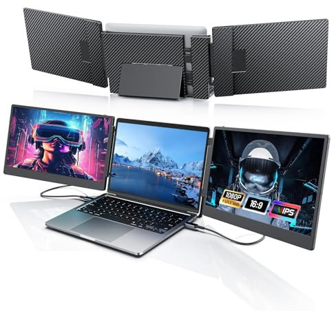 Tragbarer Monitor für Laptop, 14’’ Triple Laptop Screen Extender, FHD 1080p Portable Monitor Bildschirm Erweiterung, Plug & Play Kein Treiber Kompatibel Windows Mac Android