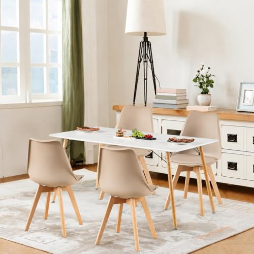 H.J WeDoo Esszimmergruppe Esstisch mit 4 Stühlen Essgrupp, Rechteckig Küchentisch und 4er Set Esszimmerstühle Sitzgruppe für Wohnzimmer Küche Büro(160x80cm Tisch+4 Khaki Stühle)