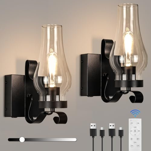 EIDEARAY Battery Operated Wall Sconces, Rustic Wall Lights Set of 2, Non-Hardwired Antique Kerosene Wall Lamps, Vintage Bedside Wall Sconces with Remote Control for Living Room, Bedroom, Hallway etc