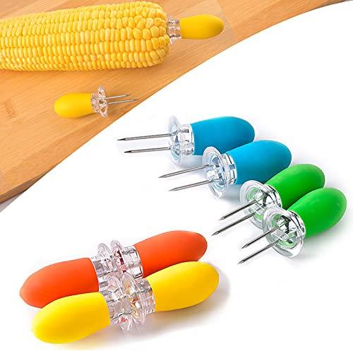 LaoChoes 8 Pcs Large Corn Holders for Corn on The Cob, Stainless Steel Corn Cob Skewers with Silicone Handle for BBQ Grilling, Corn Picks for Outdoor Camping Picnic Party, Stainless Steel