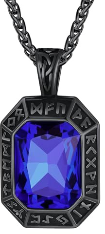 ChainsHouse Rune Kette für Herren Damen Edelstahl Halskette Wasserfest | Wikinger Rune Anhänger mit Onyx/Rubin/Smaragd/Saphir Stein, Schutz Amulett Schmuck für Männer Frauen