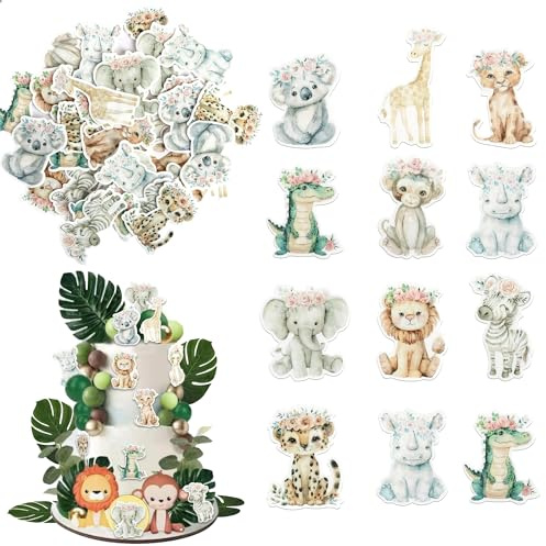 SYKYCTCY 60 Pack Edible Baby Safari Jungle Animals Cupcake Toppers Zebra Hippo Giraffe Elephant Forest Theme Cupcake Picks for Forest Theme Baby Shower Kids Birthday Party Cake Decorations Supplies