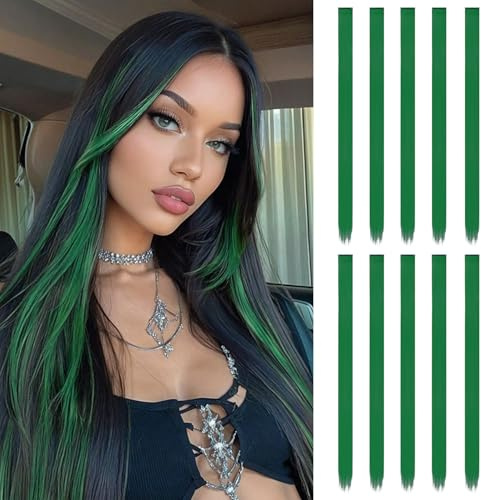 10 ciocche di capello da agganciare | 55 cm clip colorate | accessori per capelli per ragazze (verde scuro)