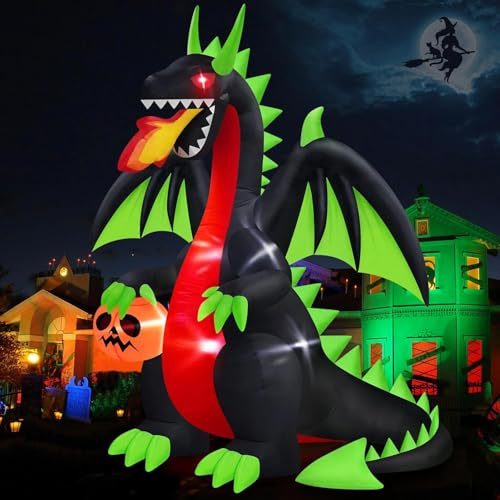 Danxilu 2,44M Aufblasbarer Halloween Drache Blinkenden Roten Augen Kürbis | Gruseliger Aufblasbare Dinosaurier, Eingebaute Helle LEDs, Wetterfeste Halloween Deko für Feiertage, Partys, Garten, Rasen