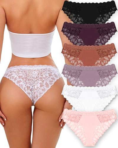 ROSYCORAL Sexy Underwear for Women Lace Cheeky Soft Hipster Low Rise Breathable Undies Cotton Bikini Panties 6 Pack (L)