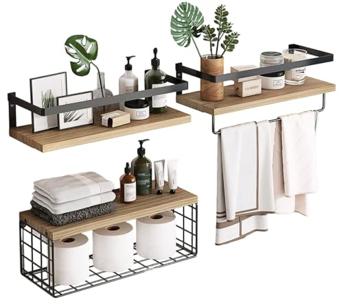 Hnonoxy Schweberegale Wandregal, 3 + 1 Stück Wandregale mit Drahtkorb, Wandregal Holz 2er Set mit Handtuchhalter, Holzregale für Schlafzimmer, Badezimmer, Wohnzimmer, Küche, Heimbüro, Waschküche