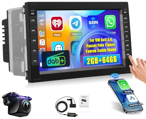 Hikity DAB/DAB+ 2+64G Android 15 Autoradio per VW Golf 5 6 Passat Polo Tiguan Touran Caddy Skod CarPlay Android Auto Wireless Schermo 7 Auto Radio Bluetooth Mirror Link GPS WiFi FM RDS SWC EQ