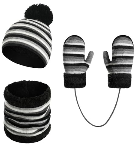 Enfant Bonnet Écharpe et Gants Ensemble Bonnets Tricotés avec Pompon Écharpe d'hiver Chaude Gants écharpe Bonnet Tricot Doublure Épaisse pour Fille Garçon 2-6Ans (Noir)