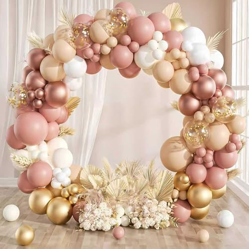 Kit d'arche de ballons or rose, 136 pièces, guirlande de ballons beiges rétro roses avec confettis dorés, ballons blanc crème pour décoration de fête d'anniversaire, mariage, Saint-Valentin, fête