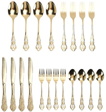 Fdit Ensemble de Couverts en Acier Inoxydable, Service de Couverts 20 Pièces pour 4 avec Motif Rétro, Fourchettes à Dîner Lavables au Lave-vaisselle, Cuillères, Couteaux pour la (GOLD)