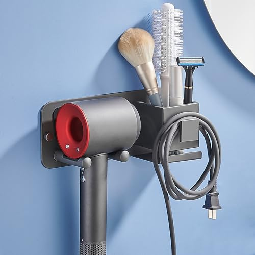 ASKLUND Soporte Secador de Pelo, Colgador para Secador Pelo sin Taladrar Autoadhesivo con Organizador de Cables y Estanteria para Utensilios Cabello (Gris)