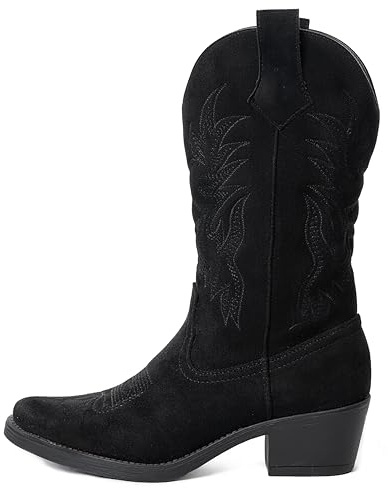 URBAN ROSA Stivali Texani Donna Cowboy Western con Punta Ricami e Tacco Largo Stivaletti Chic 957 (Nero Suede, 37 EU, Adulto, 37, Numero, Sistema Taglie Calzature EU, Media)