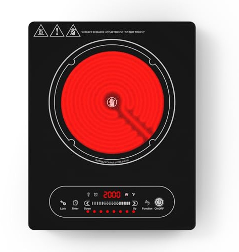 VBGK plaque vitrocéramique 1 feu, 220V, plaque vitrocéramique 2000W avec commande tactile LED, 10 niveaux de puissance, minuterie 4 heures, verrouillage de sécurité, table de cuisson portable