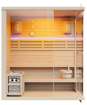 SELKI – Sauna finlandesa acristalada LED con estufa 6KW – 4/5 plazas – 180 x 120 x 200 cm – SELKI