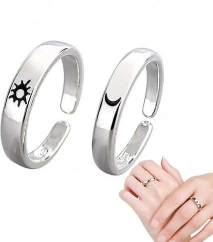 ZUWIJEQ 2 Pcs Bague Couple, Bague Femme et Homme, Taille Réglable, Bague Soleil et Lune, Bague Argent, Bagues Motif Lune Soleil, Bague d'amitié, Bague de Promesse Couple, Cadeau de Noël de Mariage