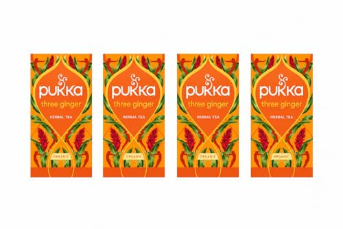 Pukka Herbal Tea Three Ginger, Tisana ai tre Tipi di Zenzero, 100% Biologico, Senza Caffeina, Ingredienti 100% Naturali, 20 Filtri ora CONFEZIONE DA 4!