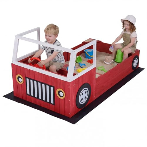 COSTWAY Bac à Sable Enfant Extérieur en Forme Camion Pompiers avec Bancs, Bac à Sable en Sapin avec Volant Rotatif et Doublure, Charge 100kg pour 18 Mois+, Jeux Extérieur Sensoriel pour Jardin Plage