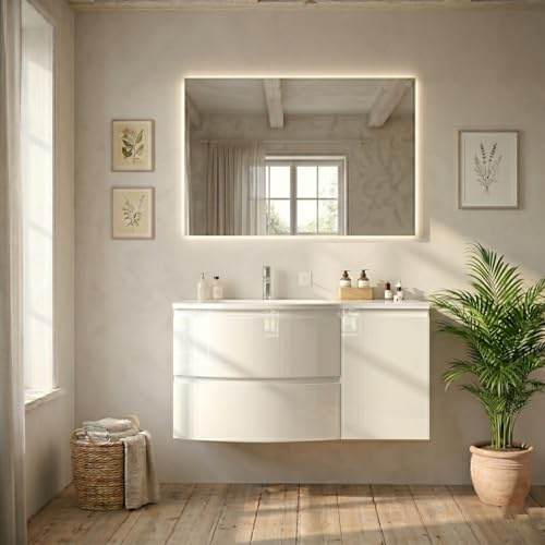 Kiamami Valentina - Mobile Bagno Sospeso 105cm Bianco Lucido con 2 Cassetti e Anta Destra Lavabo in Resina Curvo Moderno