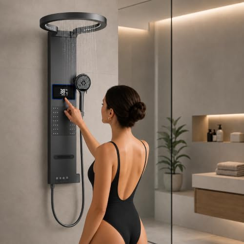 INEX EUROPA Panneau de douche thermostatique gris titane de luxe - Colonne de hydromassage avec garantie de 10 ans et 4 modes de fonctionnement - Colonne de douche de 105 cm de haut Collection Daytona